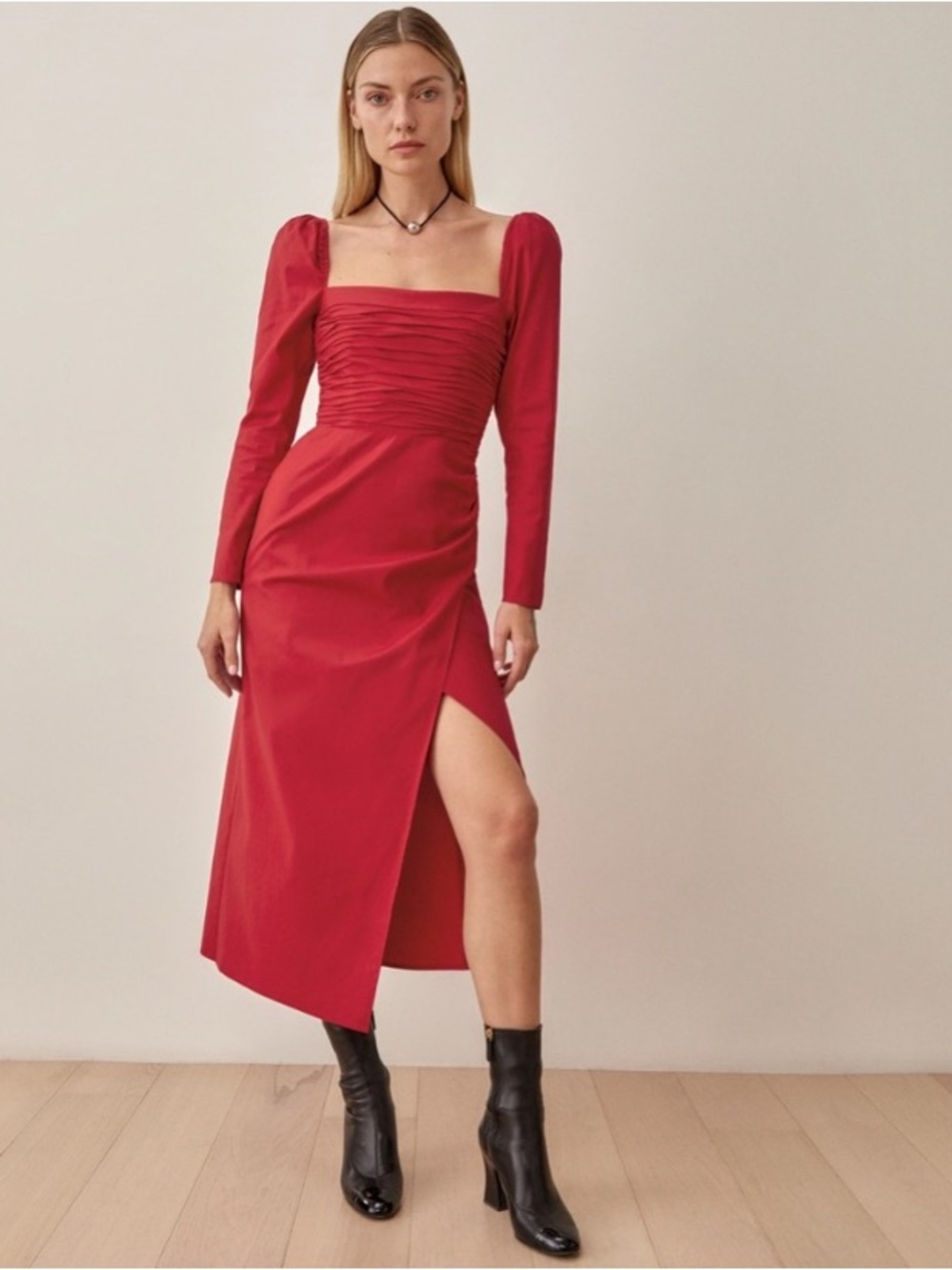 Reformation Red Isaac Long Sleeve Midi Dress